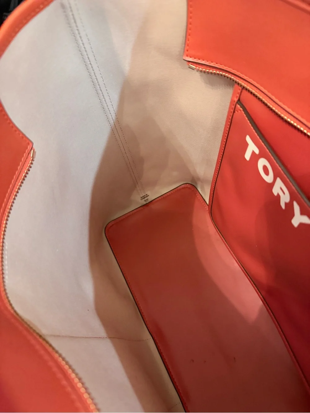 Tory Burch Dark Orange with Maroon and Cream Patterned Stripe Tote